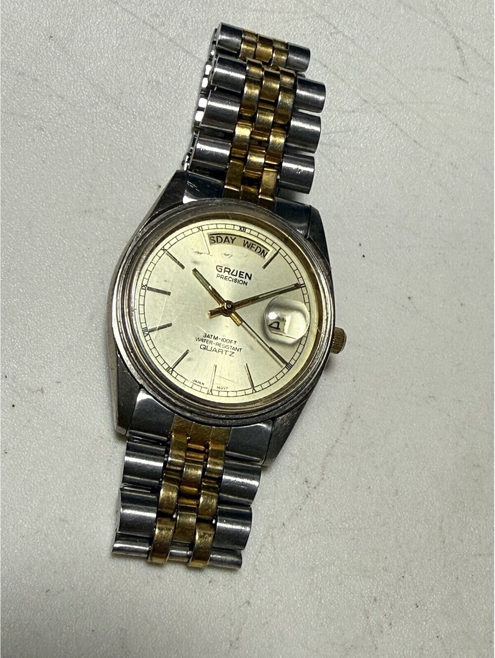 Vintage Gruen Mens Watch 32mm Champagne Dial Two Tone Day Date New Battery